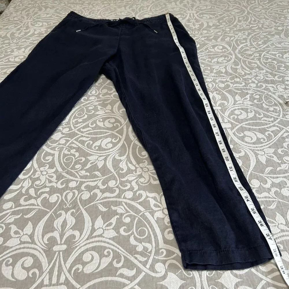 H&M Pants Women 10 Navy Linen Drawstring Elastic Taper Pocket Comfy Beachy Boho